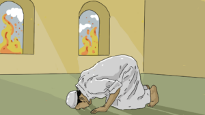 a man knelt down praying as fire is blazing outside